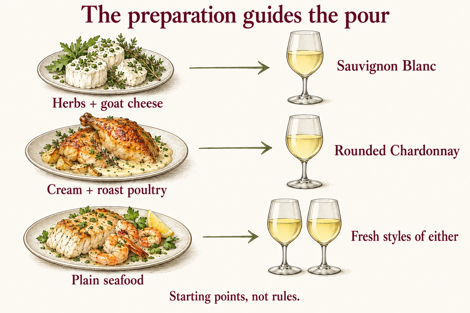 An herb-led dish points toward Sauvignon Blanc and a cream-sauce dish toward rounded Chardonnay; fresh seafood can suit either.