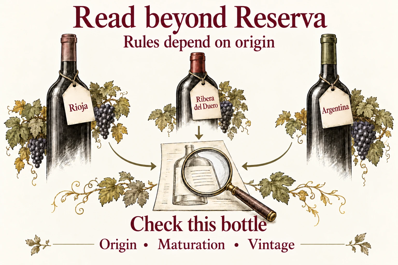 Separate Rioja, Ribera del Duero, and Argentina labels point to checking the actual bottle's origin, maturation, and vintage. Reserva rules depend on origin.