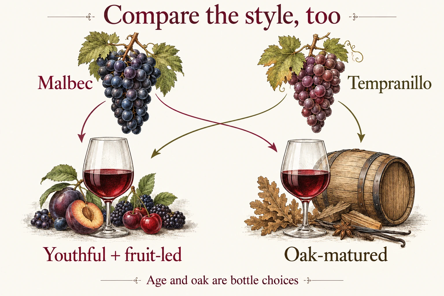 Malbec and Tempranillo each connect to youthful fruit-led styles and oak-matured styles. The grape alone does not determine maturation.